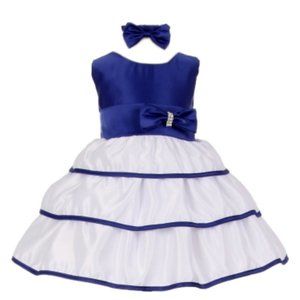 Navy & White Bow Satin Layered Flower Baby Girl Dress with Headband 2pcs